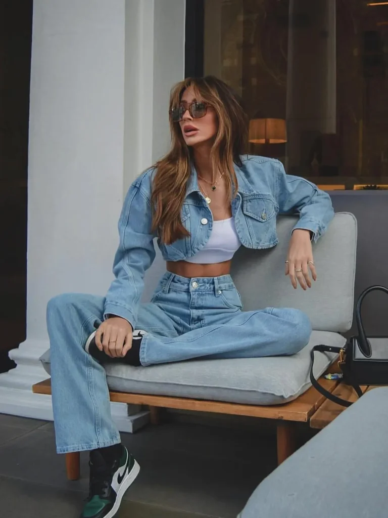 Women's vintage streetwear denim outfit styling