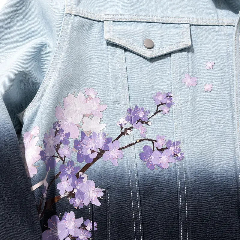High-fidelity floral print on gradient washed denim jacket OEM manufacturer