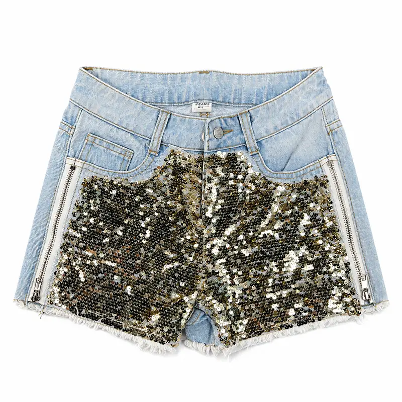 Front view of custom sequin denim shorts with light wash denim and side zippers