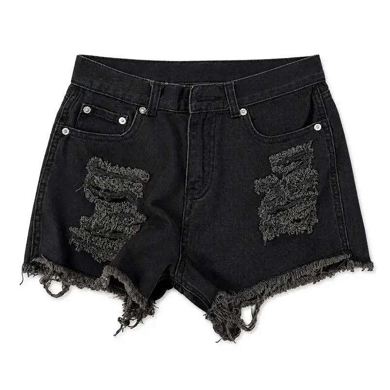 Front view of custom black denim shorts with distressed embroidery texture and frayed hem