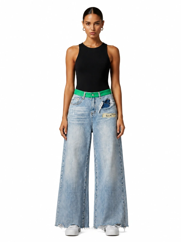 Custom wide leg jeans with green waistband light wash denim pants manufacturer