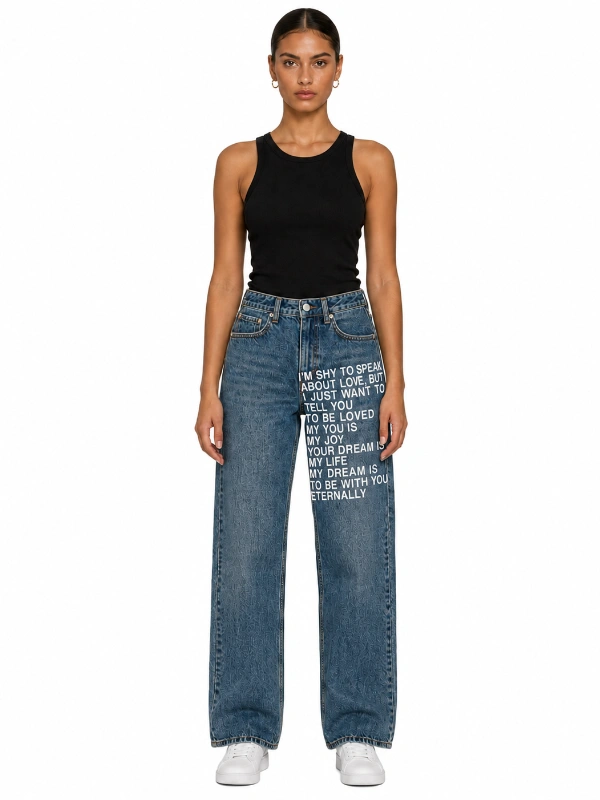 Custom printed straight leg jeans with white text graphic print medium wash denim