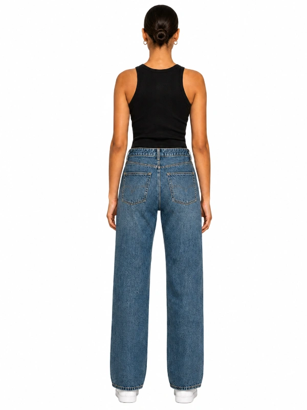 Back view of custom printed straight leg jeans with medium wash denim