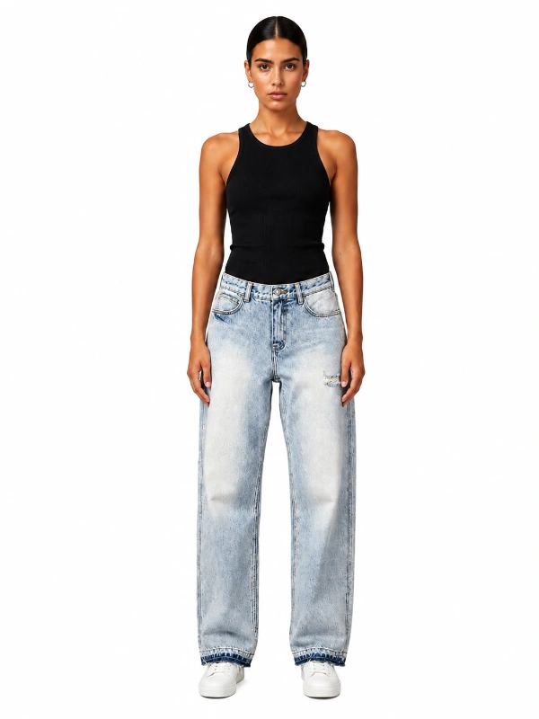 Custom acid wash straight leg jeans with light wash denim and distressed details