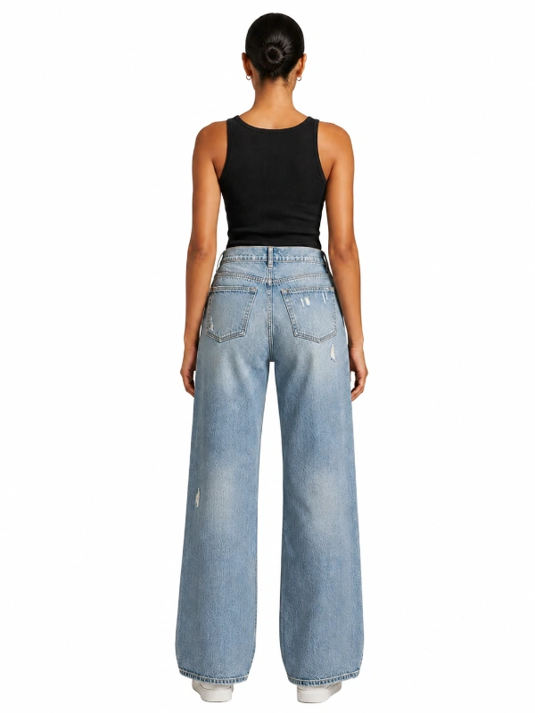Back view of custom distressed wide leg jeans for private label streetwear brands
