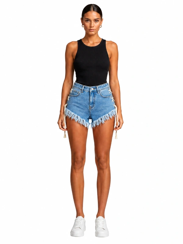 Custom lace-up denim shorts with light wash denim and frayed hem