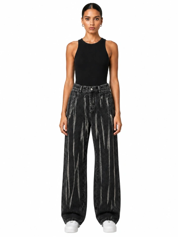 Bleach striped black denim jeans with vintage wash details for low MOQ production