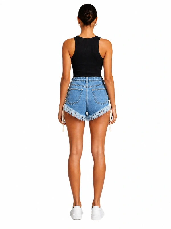 Back view of custom light wash denim shorts for private label brands