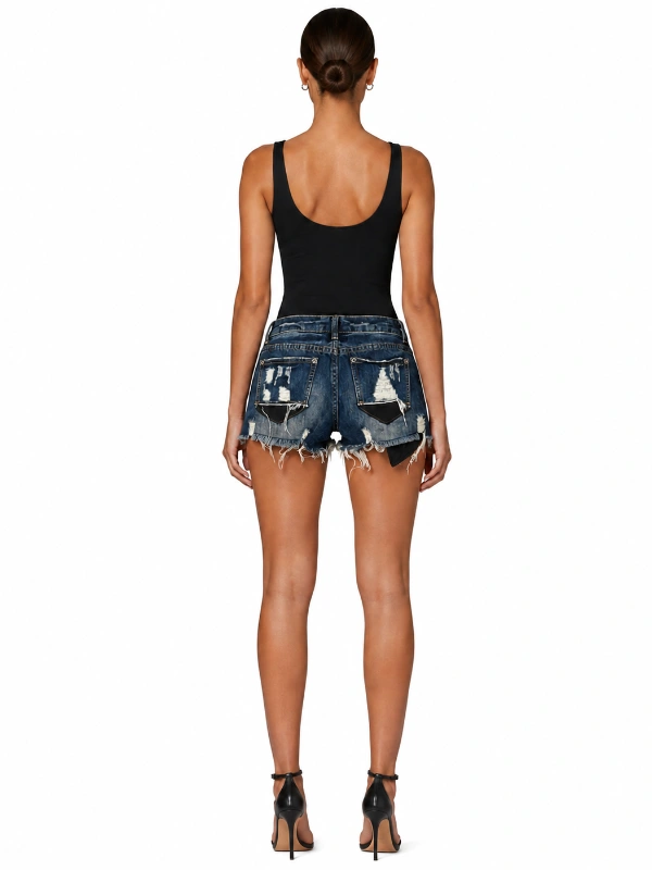 Back view of custom distressed denim shorts with dark wash denim for low MOQ production