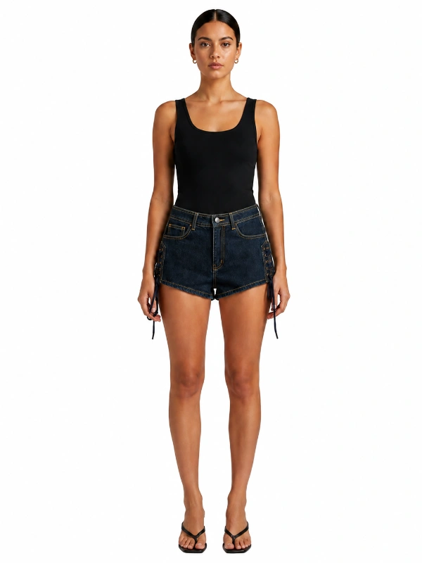Custom lace-up denim shorts with dark wash denim and side tie details