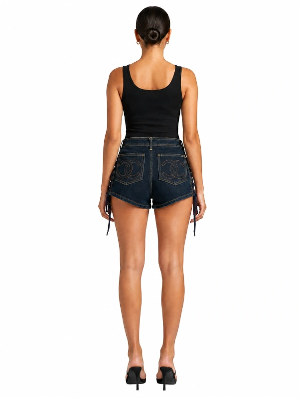 Back view of custom lace-up denim shorts with dark wash denim for low MOQ production