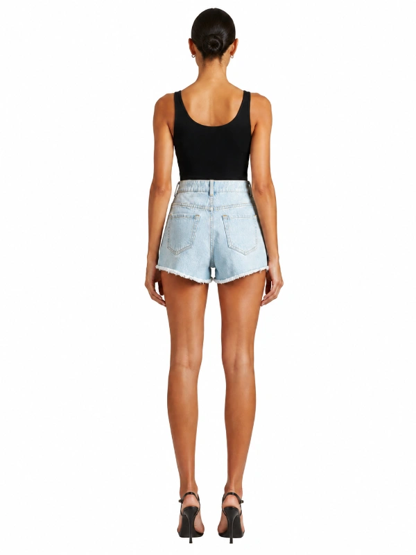 Back view of custom sequin denim shorts with light wash denim for low MOQ production