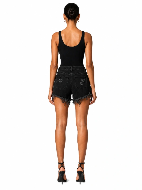 Back view of custom black denim shorts with distressed details for low MOQ production