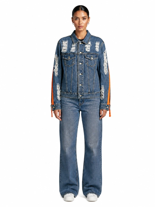 Front view of distressed blue denim jacket with long orange sleeve straps wholesale
