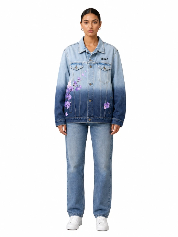 Front view of two tone ombre denim jacket with flower printing wholesale manufacturer