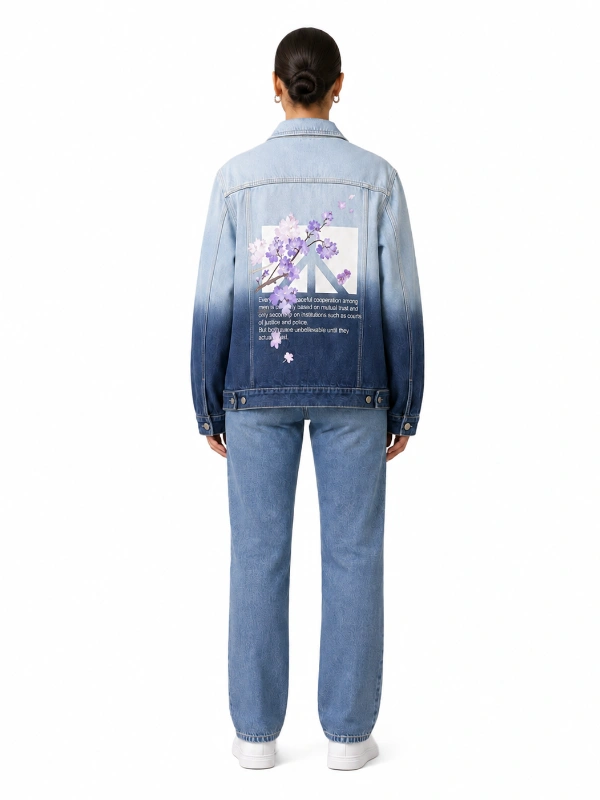 Back design of dip dye gradient denim jacket with purple floral graphic print OEM