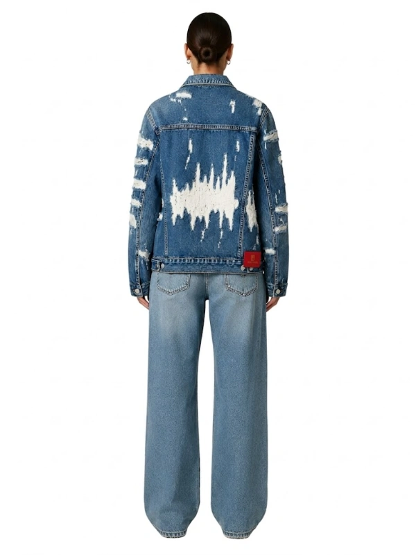 Back view of heavy distressed denim jacket with white frayed patches wholesale