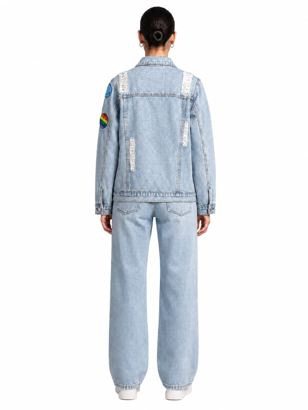 Back design of custom denim jacket with white frayed stripes and sleeve patches OEM