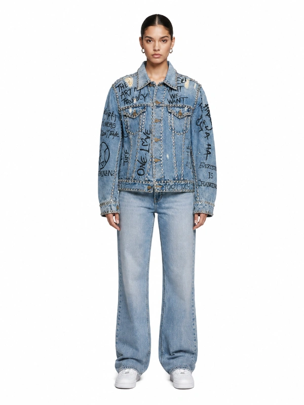 Front view of distressed denim jacket with all-over graffiti text and metal studs wholesale manufacturer