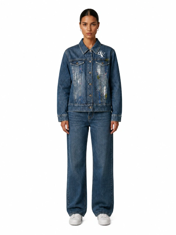 Front view of faded blue denim jacket with colorful paint splatter details wholesale manufacturer
