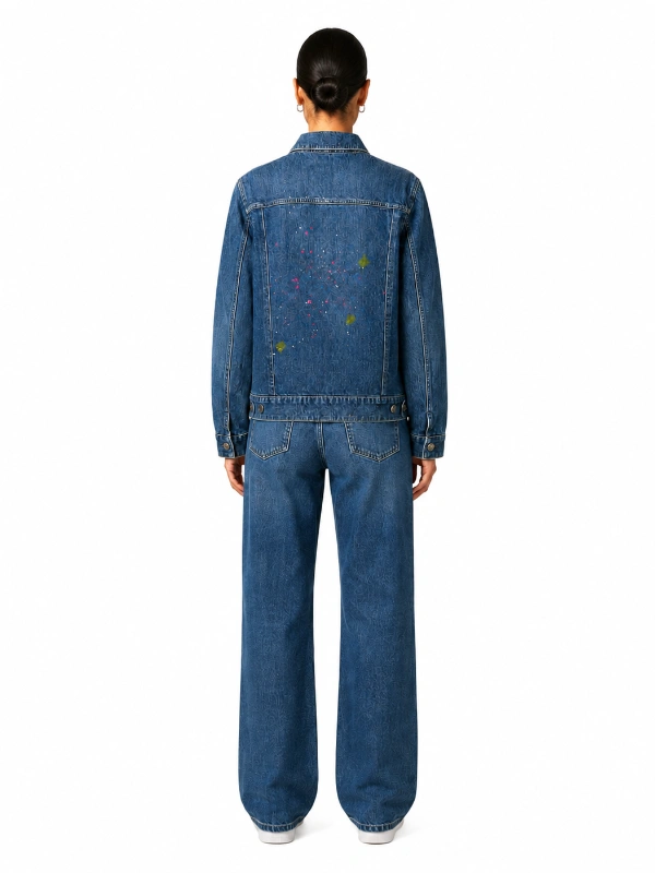 Back design of custom denim jacket with hand painted splatter effect OEM