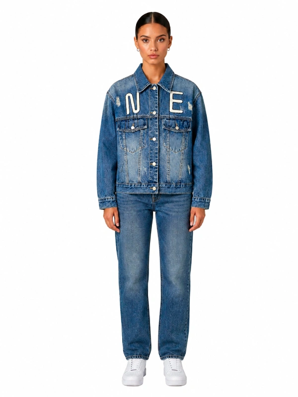 Front view of custom denim jacket with large texturead letter applique wholesale manufacturer
