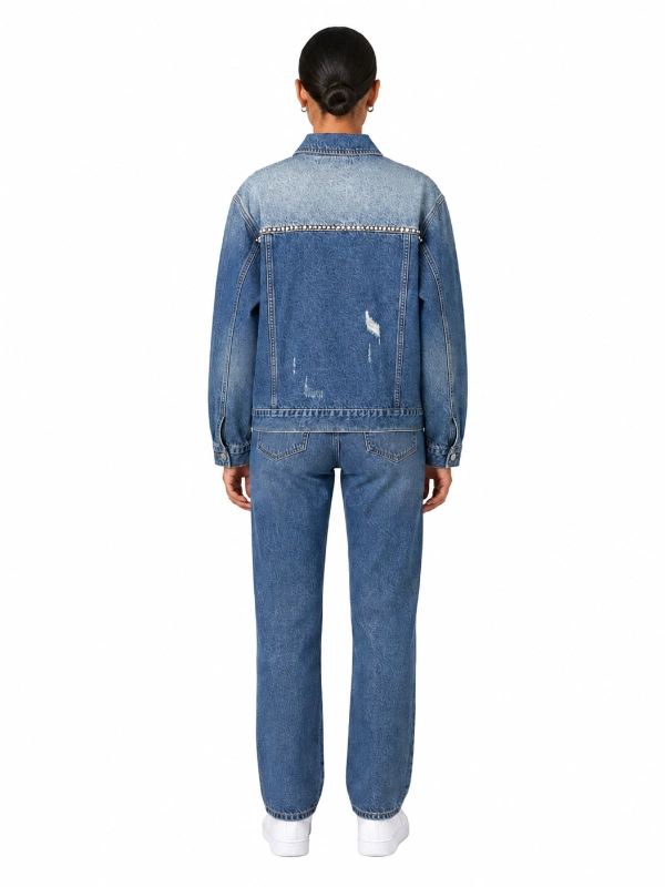 Back design of gradient fade denim jacket with distressed details OEM