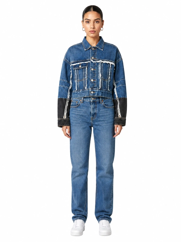 Front view of deconstructed frayed seam cropped denim jacket on model wholesale manufacturer