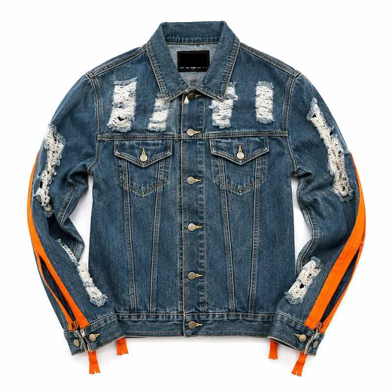Premium Custom Ripped Denim Jacket with Orange Zipper | Low MOQ - Image 3