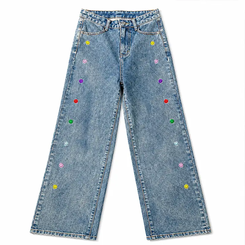 Private label wide leg jeans with colorful button decorations