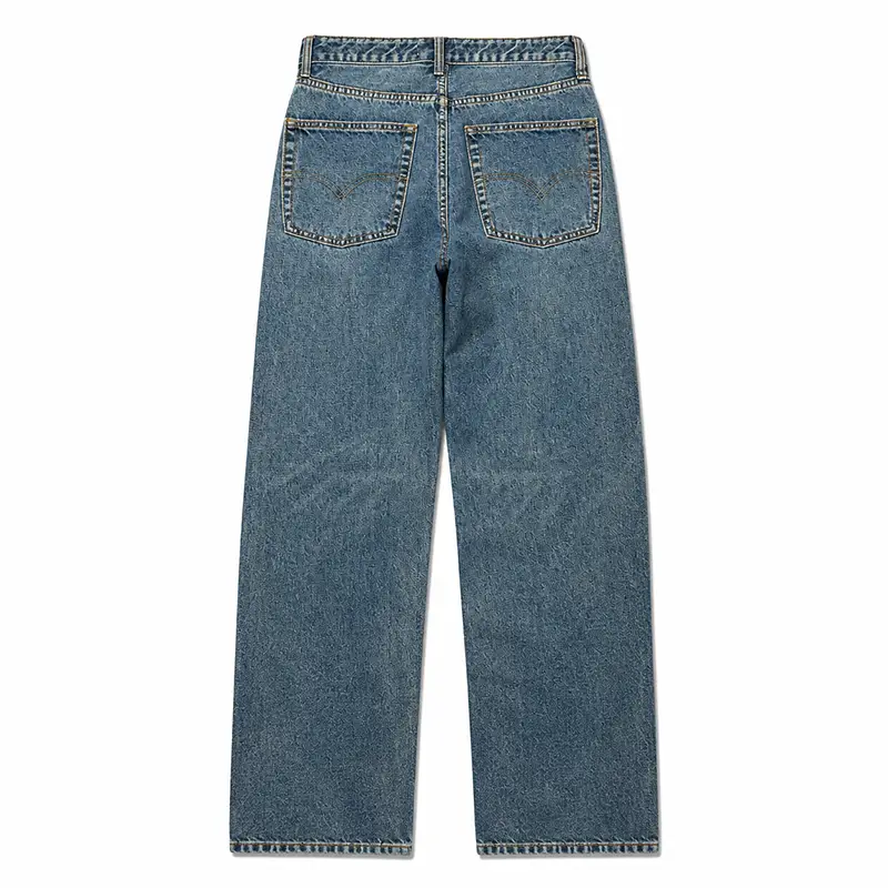 Back view of custom straight leg jeans with medium wash denim for private label brands