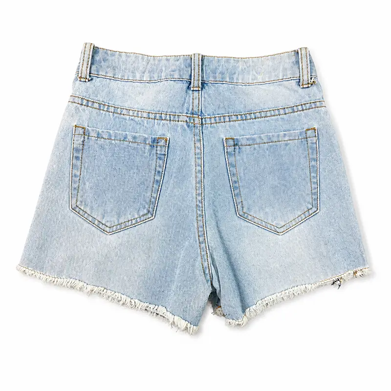 Back view of custom light wash denim shorts with frayed hem for private label brands