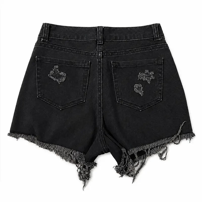 Back view of custom black denim shorts with frayed hem for private label brands