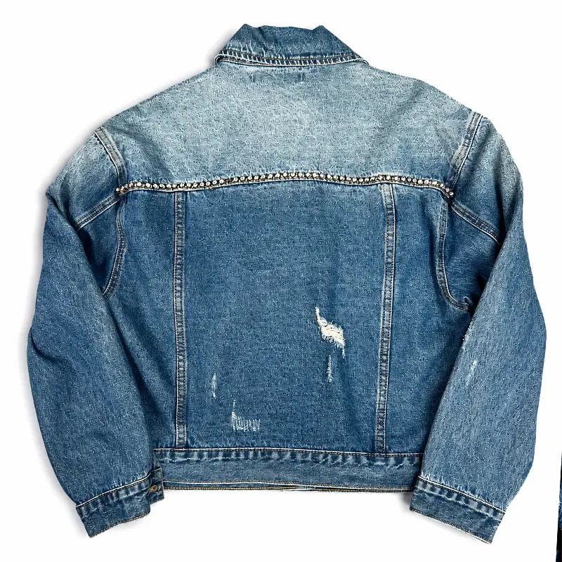 Custom letter patch denim jacket back design with distressed details wholesale