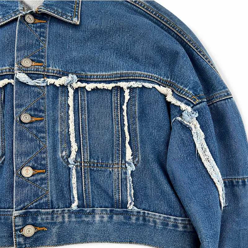 Deconstructed chest and drop shoulder details of frayed seam cropped denim jacket manufacturer