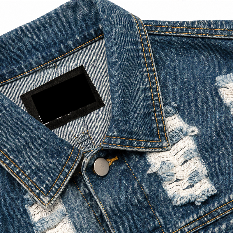 Close-up of distressed blue jacket and twill fabric, perfect for raw denim fans