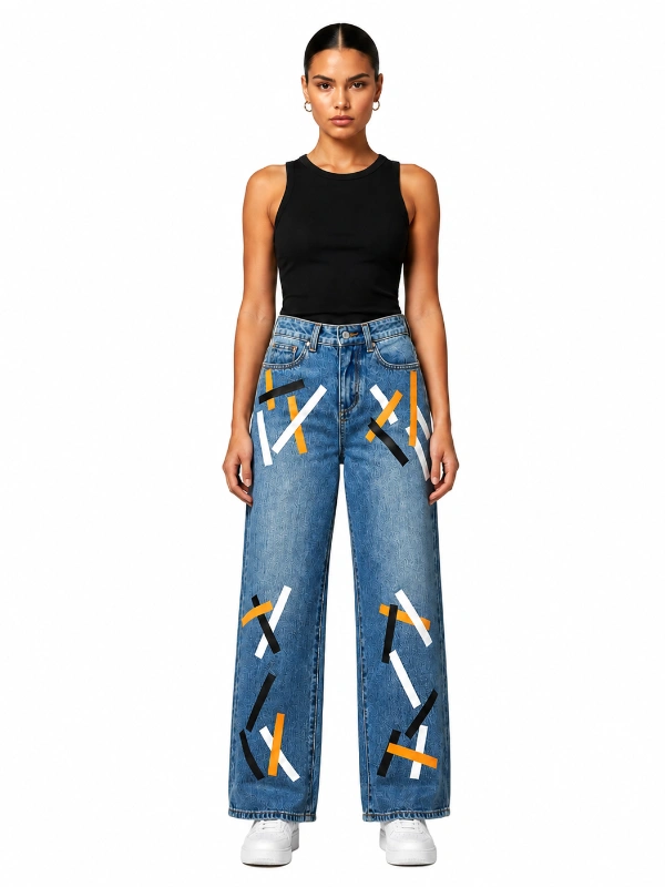 Custom printed wide leg jeans with graphic cross print medium wash denim pants