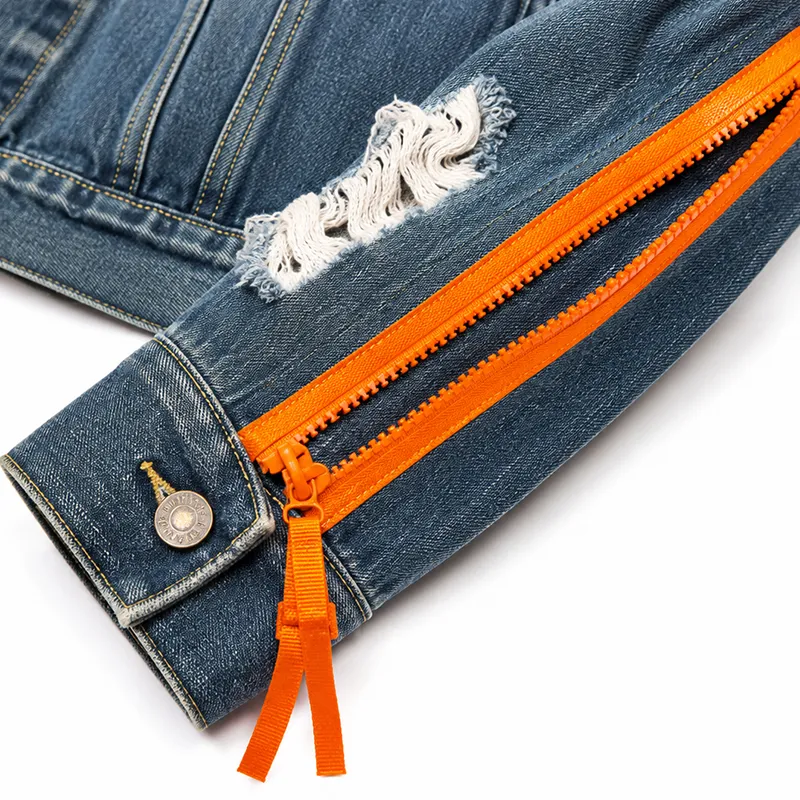 Premium Custom Ripped Denim Jacket with Orange Zipper | Low MOQ - Image 5