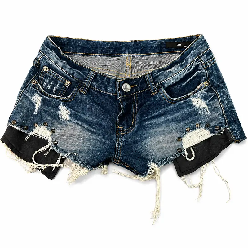 Front view of custom distressed denim shorts with rivets and raw frayed hem