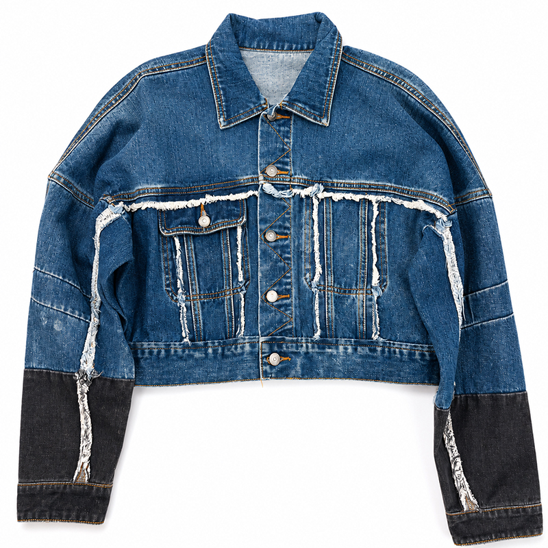 Custom frayed seam color block cropped denim jacket wholesale manufacturer