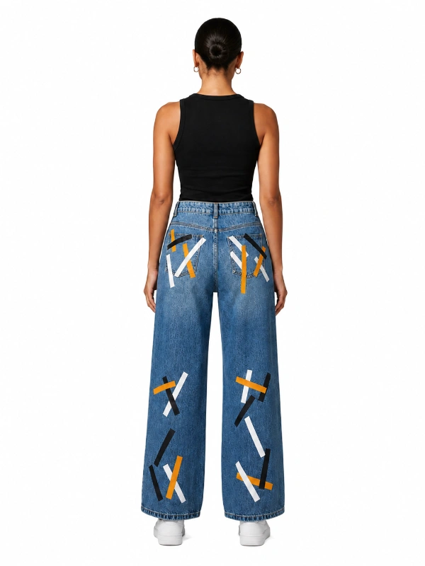 Back view of custom printed wide leg jeans with medium wash denim for private label brands