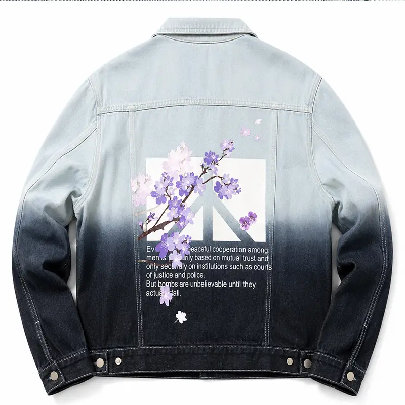 Gradient wash streetwear denim jacket with large back graphic print low MOQ supplier