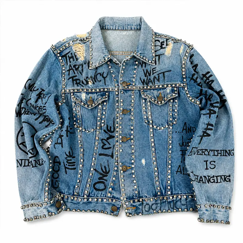 Custom studded graffiti denim jacket manufacturer low MOQ