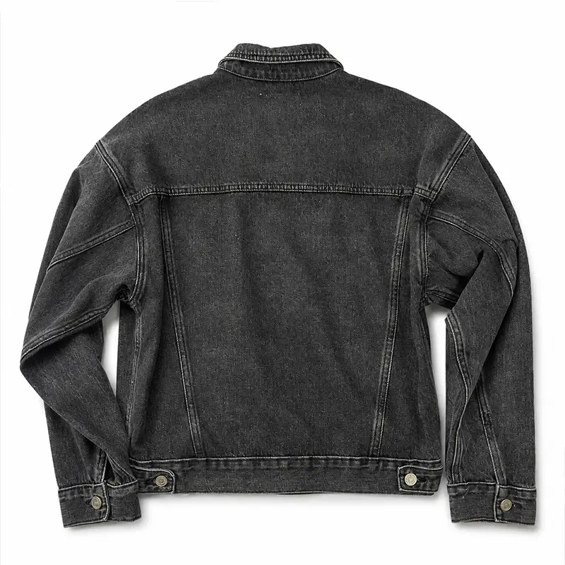 Back design of vintage wash cutout shoulder black denim jacket supplier