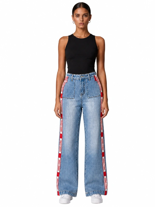 Front view of custom wide leg jeans with red side tape trim for streetwear brands