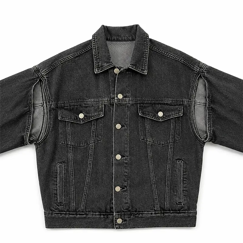 Custom cutout shoulder black denim jacket wholesale manufacturer