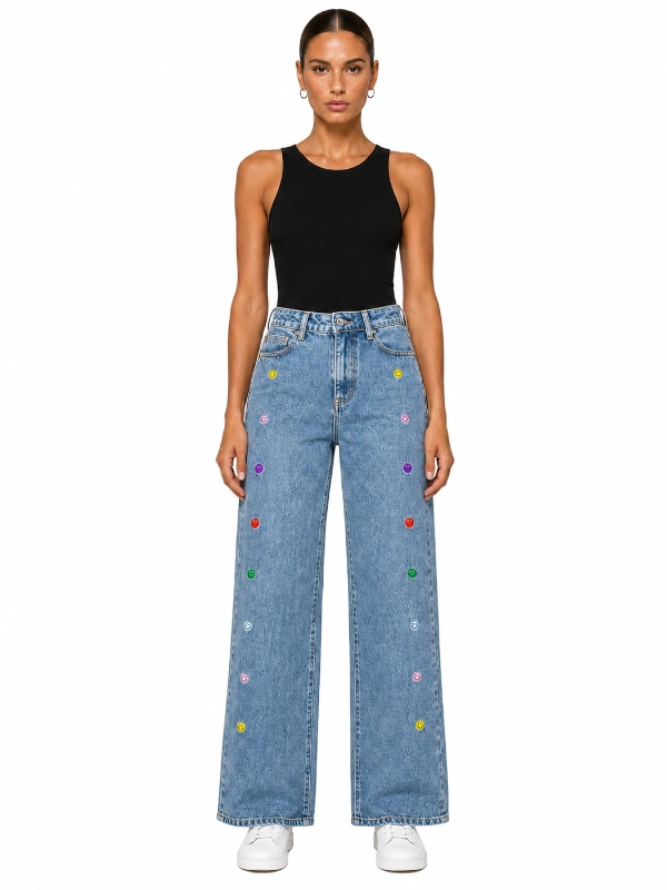 Custom wide leg jeans with colorful smile buttons light wash denim pants manufacturer