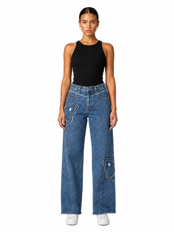 Custom embroidered wide leg jeans with smile cord embroidery medium wash denim pants