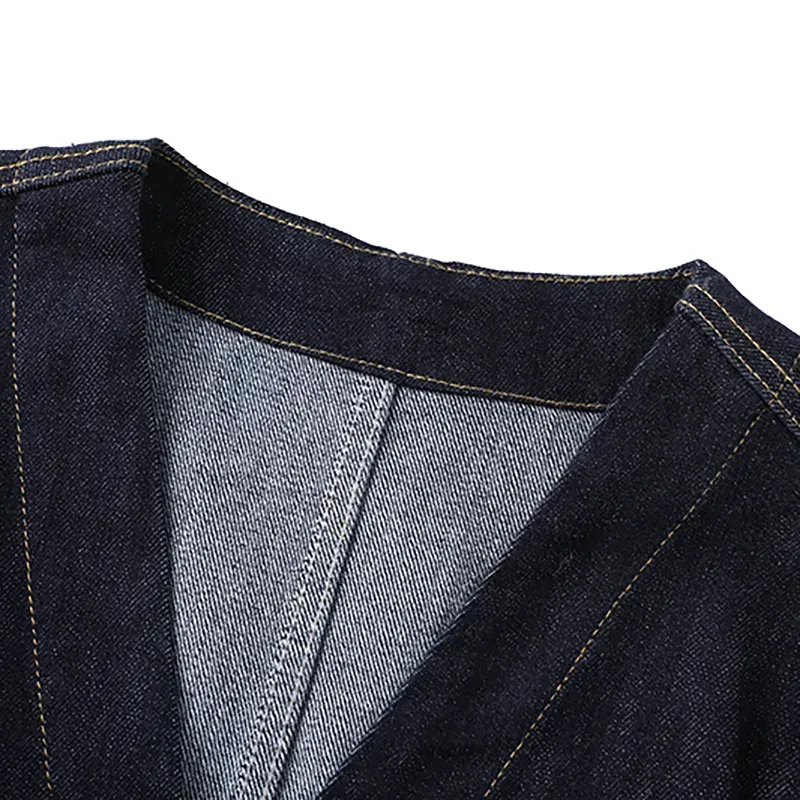 Raw denim jacket collar stitching and construction detail