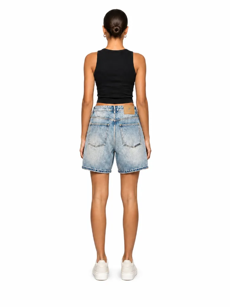Women’s distressed graphic denim shorts front view